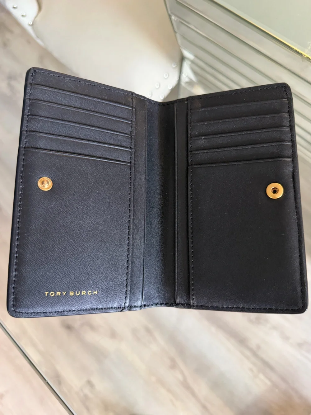 Tory Burch - Black Leather Quilted Wallet w/ Gold Logo, Zipper/Hardware & Slots